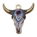 Bohemian bull skull pendant with purple floral patterns and golden metal trim charm - Single Piece / Purple