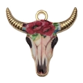 Bull skull pendant with red rose print and golden horns for DIY jewelry making - Single Piece / Pink