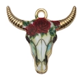 Bohemian bull skull charm with red rose pattern and gold plating for jewelry DIY - Single Piece / Red