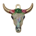 Bohemian bull skull pendant with floral pattern and gold metal edges for DIY jewelry - Single Piece / Pale Green