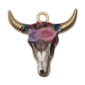 Bohemian bull skull pendant with floral print and golden horns for jewelry making - Single Piece / Deep purple