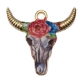Bohemian bull skull pendant with red rose pattern and gold accents for DIY jewelry making - Single Piece / Fuschia
