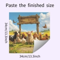 Détail sticker mural ferme avec vache et poulet style dessin animé, taille 34x34cm - 34x34cm (HY-F286)