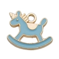 Unicorn rocking horse pendant in light blue enamel with golden alloy trim for DIY jewelry - Rocking Horse Style (11956)
