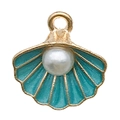 Golden shell pendant with blue enamel and faux pearl for DIY jewelry making - Shell Style (15778)