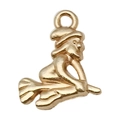 Golden little witch riding broomstick pendant for DIY Halloween jewelry making - Witch (20081)