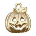 Golden Halloween pumpkin charm with Jack-o'-lantern face and leaf detail for DIY jewelry - Horror Pumpkin (20076)