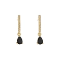Detailed close-up of gold pear-cut black zircon drop earrings with white stone accents - Black