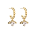 Golden beaded heart pendant earrings with angel wings and clear crystal on white background - Gold (Earrings)
