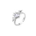 Macro detail of silver adjustable open ring with heart zircon and delicate angel wings - Adjustable Open / Silver (Ring)