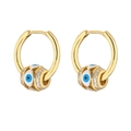 Gold Evil Eye hoop earrings with blue enamel and sparkling micro-pave cubic zirconia stones - Cylindrical Bead White