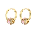Golden hoop earrings with pink enamel evil eye charm and micro-pave cubic zirconia - Cylindrical Bead Pink