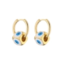 Detail of gold hoop earrings featuring blue evil eye charms with pavé cubic zirconia - Square Bead White
