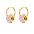 Detail of gold hoop earrings featuring pink enamel dice charms with evil eye design - Square Bead Pink