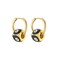 Detail of gold evil eye drop earrings with black enamel and cubic zirconia stones - Square Bead Black