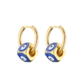 Detail of gold hoop earrings featuring hexagon evil eye charms in blue enamel finish - Square Bead Blue