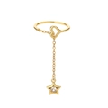 Detail van verstelbare gouden Y-ring met hartschakel en bungelende ster met zirkoon - Gouden Ster