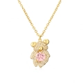 Goldene Bären-Halskette mit weißen Mikrokristallen und einem rosa Herz-Edelsteinanhänger - Gold Rosa Diamant Halskette
