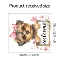 Vinilo decorativo Yorkshire Terrier Welcome con flores rosas, tamaño 39x35cm para hogar - 35*39cm (MG-F091)
