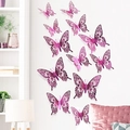 Set of 12 magenta 3D hollow butterfly wall stickers with metallic finish for home decor - Rose Red