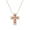 Luxuriöse goldene Kreuzkette mit bunten Zirkonia und Mikro-Pave-Kristallverzierung - Vergoldet Rosaroter Zirkonia