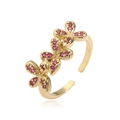 Adjustable gold flower ring with pink crystals in a stylish three-blossom open design - Gold Plated Rose Red Zirconia