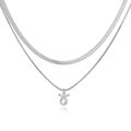 Detail of silver double layer necklace featuring flat herringbone and zodiac pendant - Silver Taurus