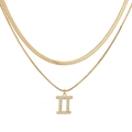Detail of gold layered herringbone chain necklace with sparkling Gemini zodiac pendant - Gold Gemini