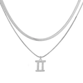 Detail of silver layered necklace with flat snake chain and Gemini zodiac pendant charms - Silver Gemini