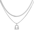 Detailed view of silver double layered snake chain necklace with cubic zirconia zodiac pendant - Silver Libra
