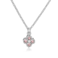 Macro shot of a clover pendant necklace with pink zircon stones and silver metallic texture - Silver Pink Zirconia Clover Necklace
