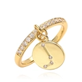 Detail of adjustable gold ring with sparkling Pisces zodiac coin pendant and zircon inlay - Aries / Gold