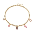 Gold beaded necklace with colorful cherry, heart, and strawberry charms on white background - Gold Pink Enamel Necklace (Rhinestone Strawberry)