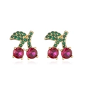 Exquisite cherry stud earrings with red crystals and green stones on a golden base - Gold Colorful Zircon Cherry Style