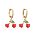 Detail of gold hoop earrings featuring red enamel cherry charms and green leaves - Gold Red Cherry Earrings