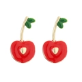 Detailed view of red cherry earrings with golden heart accents and green leaves - Gold Red Apple Stud Earrings