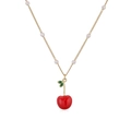 Close-up of cherry pendant necklace with gold chain and small white pearls detail - Gold Red Apple Necklace
