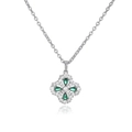 Macro detail of silver four-leaf clover pendant with green crystals and pave halo - Silver Green Zircon Clover