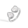 Silver tone adjustable open ring featuring heart and pear shape cubic zirconia stones - Heart Waterdrop Style / Silver