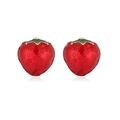 Close-up of strawberry stud earrings with red enamel glaze and green leaf detail - Gold Green Leaf Red Strawberry