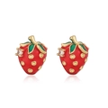 Detailed close-up of strawberry stud earrings with red enamel and white zircon stone - Gold White Zircon Green Leaf Strawberry Studs