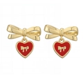 Detail of gold bow earrings with a red enamel heart pendant featuring a tiny bow relief - Gold Bowknot Red Heart