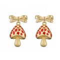 Macro detail of red mushroom bow earrings in gold-toned finish for women - Gold Large Red Mushroom