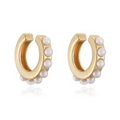 Close-up of C-shaped 18K gold plated ear cuff with five inlaid white round pearls - Gold C-Shape Pearl