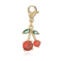 Exquisite cherry pendant with red and green gemstones on gold lobster clasp - Gold Double Green Leaf Red Cherry Lobster Clasp Pendant