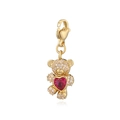 Exquisite gold bear pendant with sparkling zircons holding a large red heart gemstone - Gold White Zircon Red Heart Bear Lobster Clasp Pendant