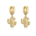Detail of gold cactus pendant earrings with sparkling zircon stones and floral accents - Gold White Zirconia Cactus Earrings