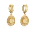 Macro detail of gold huggie hoop earrings with oval sunburst charms and white zircon pavé - Gold White Zirconia Hat Earrings