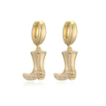 Detailed close-up of golden western cowboy boot earrings with sparkling zircon stones - Gold White Zirconia Boot Earrings
