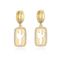 Detail of gold-plated hoop earrings featuring a cactus pendant with sparkling zircon border - Gold White Zirconia Hollow Cactus Earrings
